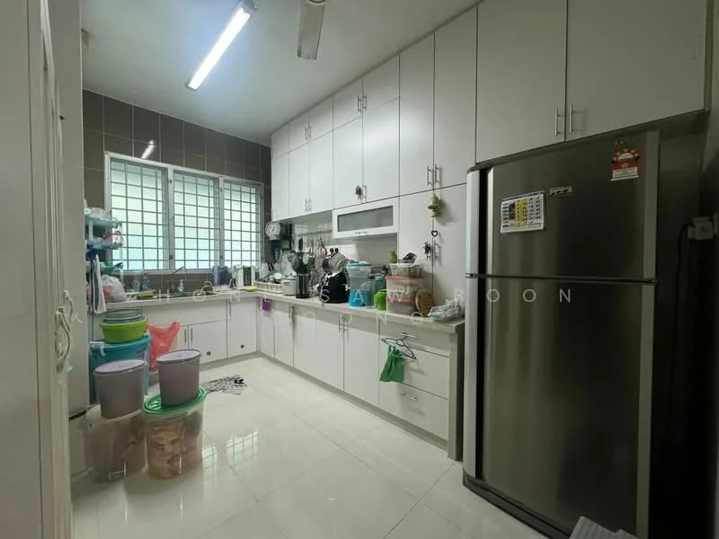 Kitchen features: white cabinetry, stainless-steel fridge, double-bowl stainless-steel sink, chrome pull-down faucet, white tiled backsplash, ceramic tile flooring, wall-mounted microwave, built-in oven, window with grid pattern, overhead fluorescent lighting, countertop space, plastic storage containers, various kitchen utensils, open shelving, cleaning supplies; style: modern.