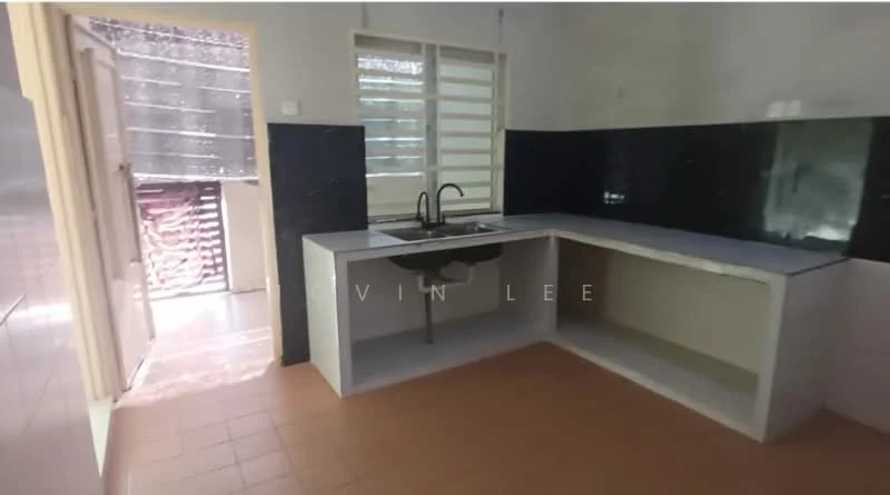 Kitchen features: single-bowl stainless-steel sink, chrome pull-down faucet, L-shaped countertop, white cabinetry, black tiled backsplash, tile flooring, window with horizontal slats, open layout, built-in seating area; style: modern. Room features: light-colored walls, door leading to another room, natural light from window.