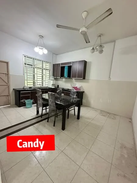 Dining features: white painted walls, tile flooring, 5-blade ceiling fan, dining table with black surface, 4 transparent plastic dining chairs, dark wood cabinetry, kitchen counter with sink, overhead lighting with multiple bulbs, window with grid pattern, door with panel design; style: modern.