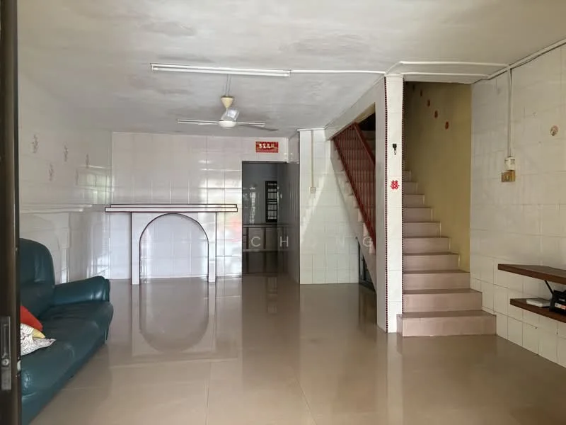 Living features: cream tiled flooring, white painted walls, 5-blade ceiling fan, arched entryway, staircase with pink steps, wall-mounted shelf, window with no visible treatment, decorative wall accents.