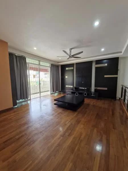 Living features: wooden flooring, 5-blade ceiling fan with light, floor-to-ceiling windows, sliding glass door, black feature wall, light grey curtains, built-in TV console, recessed lighting; style: modern; view: garden.