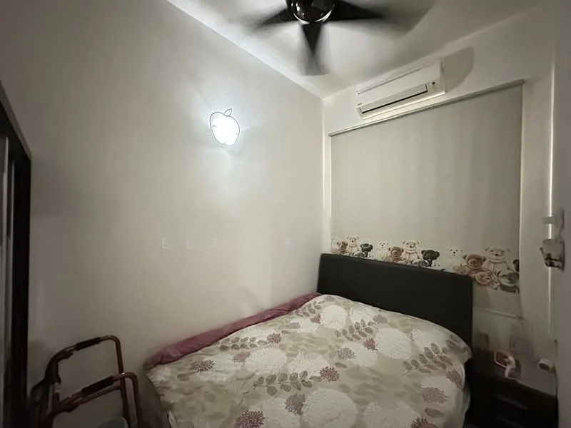 Bedroom features: queen-size bed with patterned bedding, wall-mounted air conditioning unit, 5-blade ceiling fan, white painted walls, curtain with floral pattern, nightstand, decorative wall light, wooden wardrobe, walker, laminate flooring; style: modern.