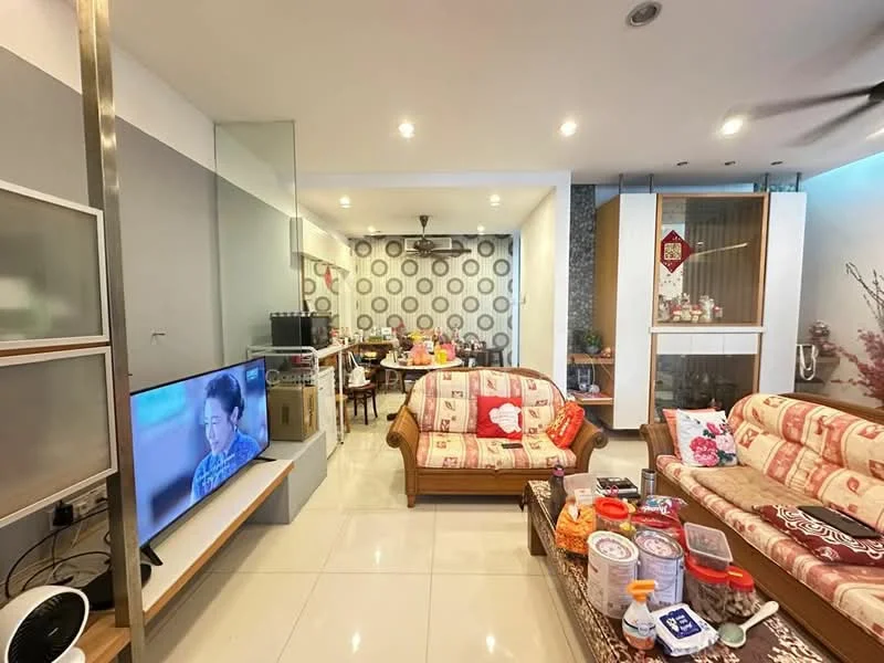 Living features: 2-seater fabric sofa with floral pattern, 3-seater fabric sofa with geometric pattern, coffee table, wall-mounted TV, TV console, decorative wall with circular pattern, recessed ceiling lights, white tiled flooring, open layout to dining area, decorative items on table, wall-mounted shelving unit, ceiling fan; style: modern.
