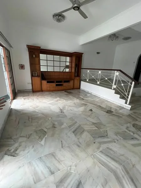 Living features: marble flooring, white painted walls, ceiling fan, built-in wooden cabinetry, large windows with grid design, staircase with white railing, natural light from windows, open layout; style: modern.