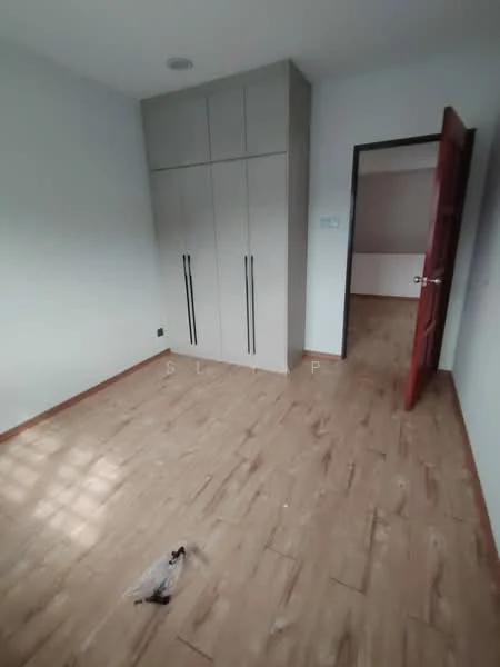 Room features: light wood laminate flooring, white painted walls, built-in wardrobe with sliding doors, single wooden door, ceiling light fixture; style: modern.