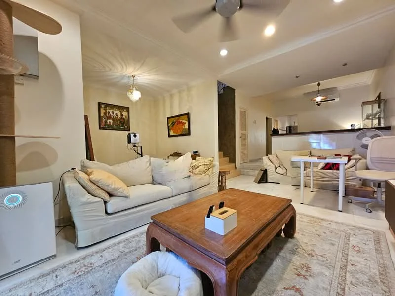Living features: 3-seater fabric sofa in cream, wood coffee table, area rug with floral pattern, wall-mounted TV, decorative wall art, ceiling fan with light, white painted walls, marble flooring, built-in shelving unit, window with sheer curtains, air purifier; style: contemporary.