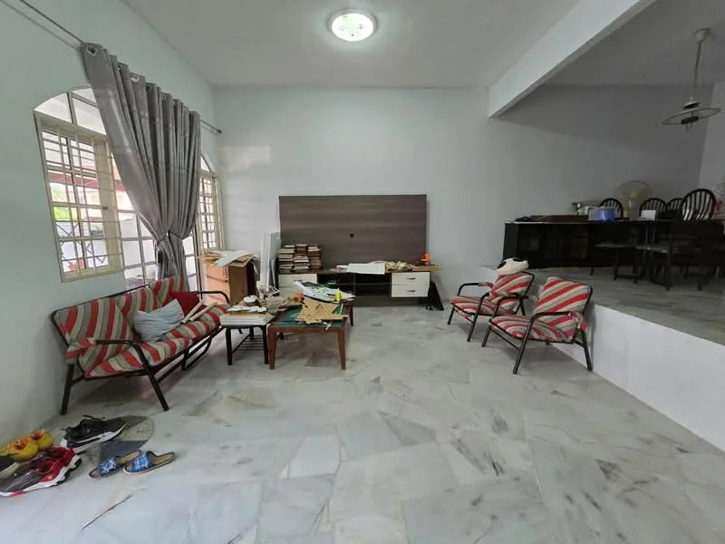 Living features: striped fabric sofa, wooden coffee table, marble flooring, white painted walls, large windows with sheer curtains, ceiling light fixture, wooden TV console, stack of books on console, two armchairs, decorative items on table, slippers on floor; style: modern.