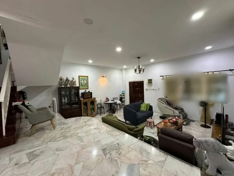 Living features: marble flooring, white painted walls, recessed downlights, chandelier, 3-seater fabric sofa in grey, 2-seater leather sofa, armchair with wooden legs, coffee table, decorative wall art, wooden display cabinet, TV console, area rug, side table, floor lamp; style: contemporary.