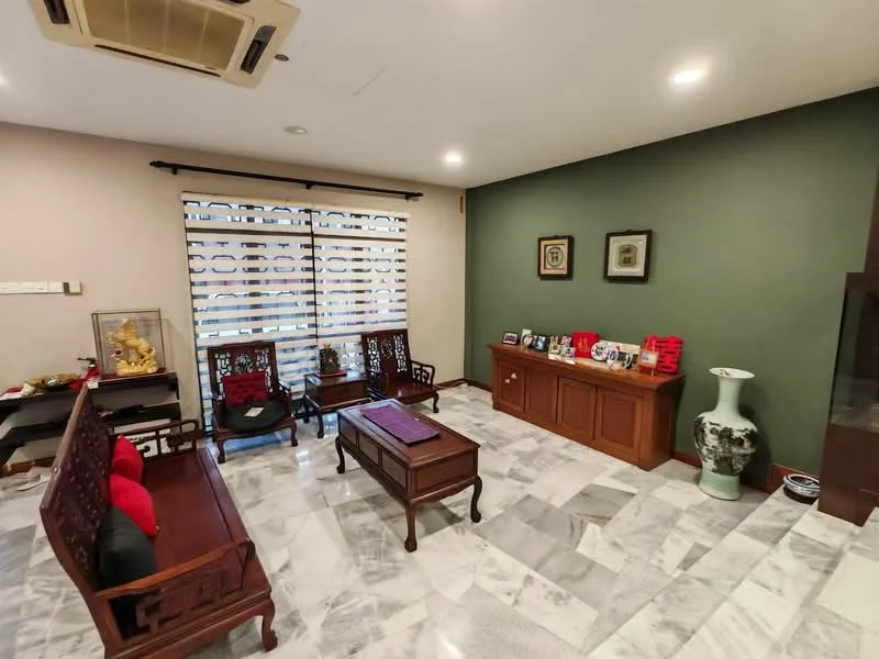 Living features: marble flooring, green accent wall, cream painted walls, wooden furniture, traditional wooden chairs, wooden console table, decorative vases, framed artwork on walls, window treatments with horizontal slats, air conditioning unit; style: traditional.