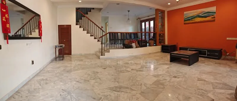 Living features: marble flooring, orange accent wall, white painted walls, staircase with wooden railing, ceiling lights, large windows, coffee table, TV console, decorative artwork, sofa, area rug; style: contemporary.