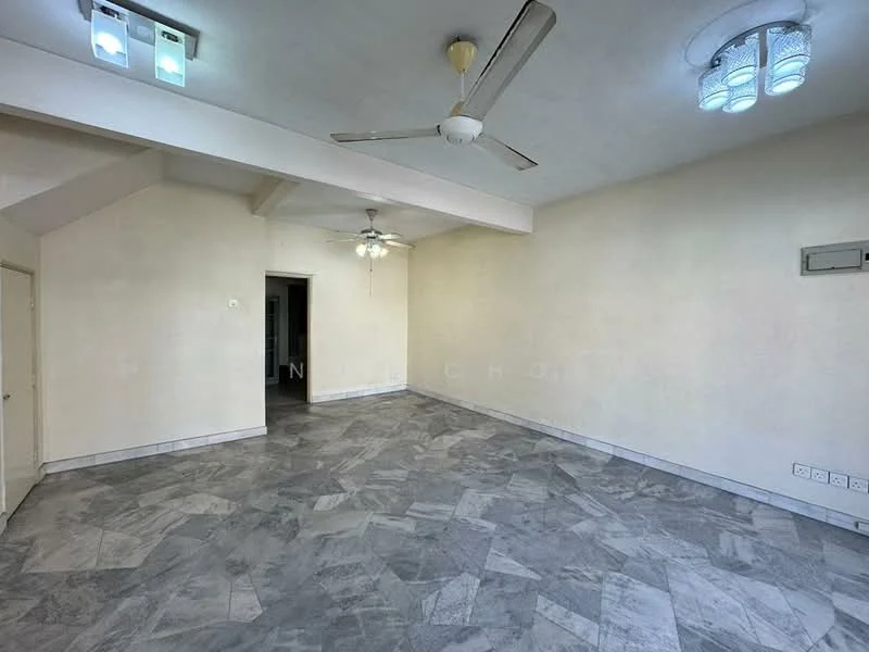 Room features: grey marble tile flooring, white painted walls, exposed beams on ceiling, 2 ceiling fans, recessed downlights, wall-mounted air conditioning unit; style: modern.