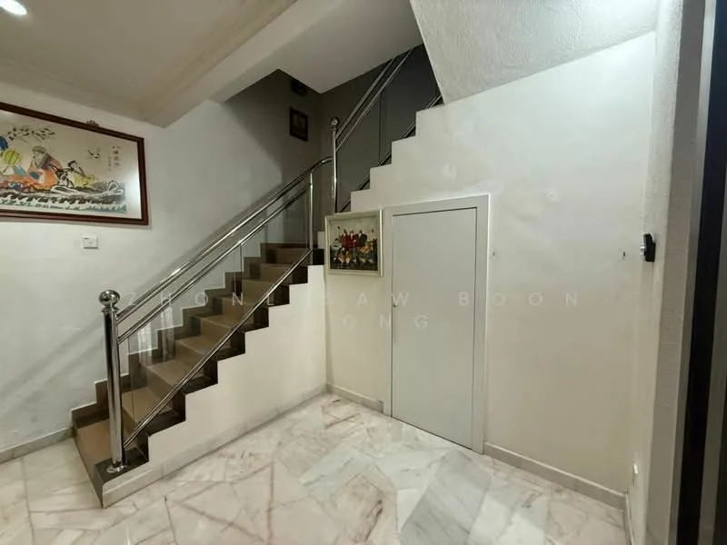 Room features: marble tile flooring, white painted walls, stainless steel handrail, staircase with wooden treads, built-in storage cabinet, decorative wall art, recessed lighting, ceiling with crown moulding; style: modern.