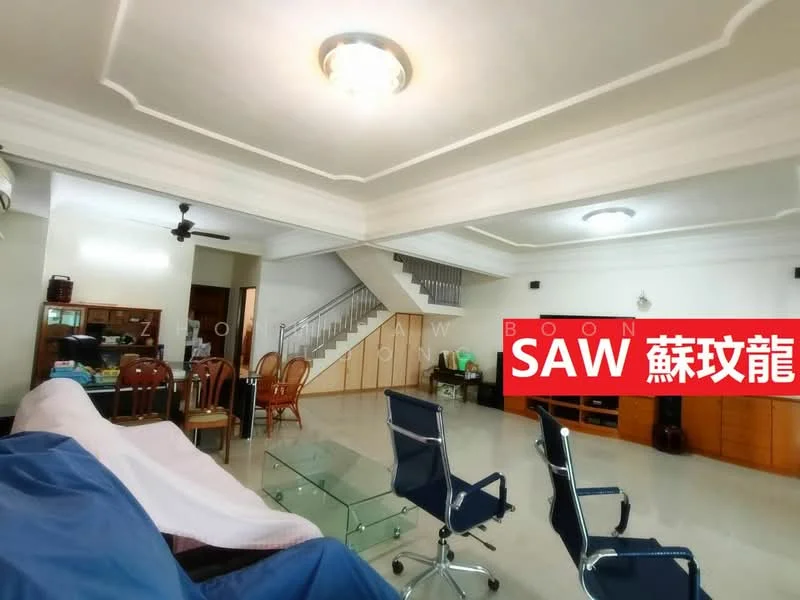 Living features: cream painted walls, polished tile flooring, tray ceiling with chandelier, 5-blade ceiling fan, large glass coffee table, upholstered sofa in blue, wooden dining chairs, wooden sideboard, staircase with wooden railing, open layout, large windows for natural light; style: traditional.