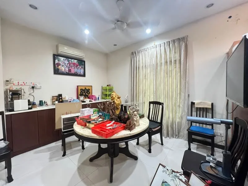 Living features: white painted walls, tile flooring, 5-blade ceiling fan with light, recessed downlights, large window with sheer curtains, round dining table, black wooden dining chairs, wall-mounted TV, wooden cabinet, microwave, decorative statues, various storage boxes; style: modern.
