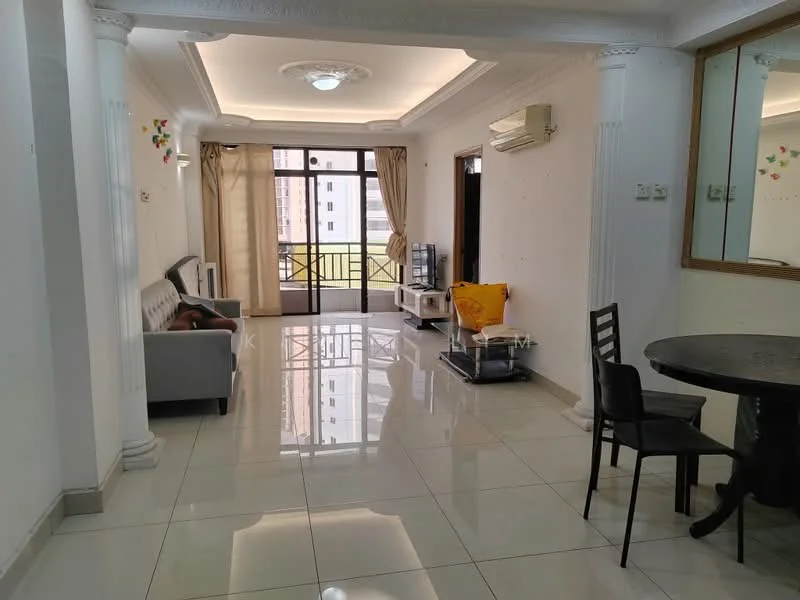 Living features: white painted walls, polished ceramic tile flooring, tray ceiling with decorative molding, floor-to-ceiling windows, sheer curtains, air conditioning unit, 3-seater fabric sofa in light grey, TV console, wall-mounted TV, round dining table, black dining chairs, decorative wall accents; style: modern; view: city.