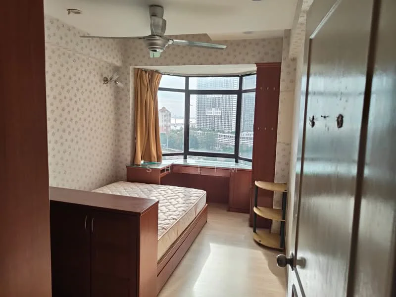 Bedroom features: queen-size bed, wooden bed frame, built-in wardrobe, wooden bedside table, curtains, floor-to-ceiling windows, ceiling fan, light-colored laminate flooring, wall with floral wallpaper, decorative wall sconce; style: modern; view: city.
