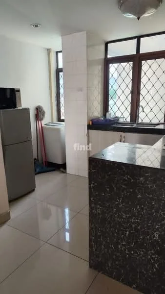 Kitchen features: grey granite countertop, stainless-steel fridge, white cabinetry, double-bowl stainless-steel sink, chrome pull-down faucet, tile backsplash, ceramic tile flooring, large windows with diamond-patterned grills, built-in microwave, kitchen island; style: modern.