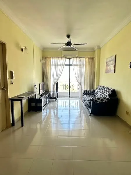 Living features: yellow painted walls, glossy tile flooring, 5-blade ceiling fan, sofa with geometric pattern, coffee table, TV console, floor-to-ceiling windows, sheer curtains, balcony view; style: modern; view: city.