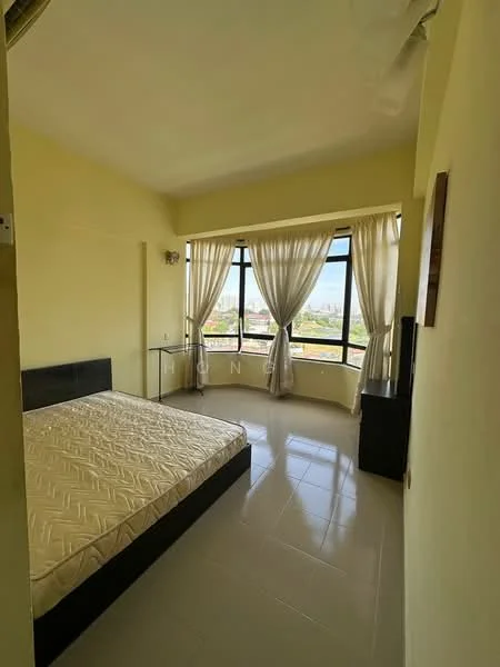 Bedroom features: queen-size bed, light yellow painted walls, floor-to-ceiling windows, sheer curtains, tile flooring, built-in wardrobe, decorative wall art, city view; style: modern; view: city.