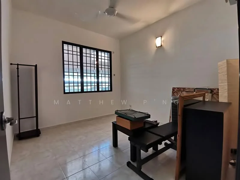 Room features: white painted walls, tile flooring, ceiling fan, black grid windows, light fixture on wall, exercise bench, wooden shelving unit, storage cabinet; style: modern.