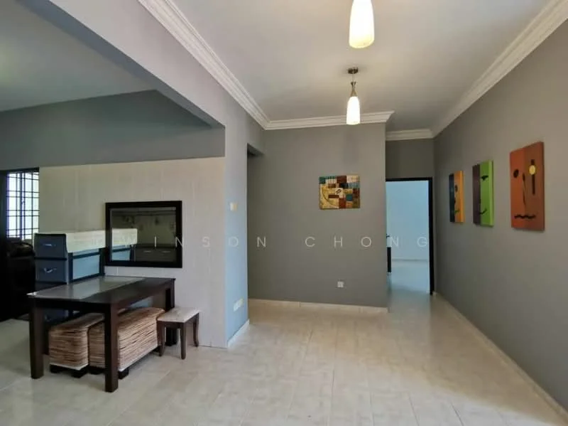 Room features: grey painted walls, white ceiling with crown moulding, hanging pendant light, tile flooring, dining table with chairs, decorative wall art, open layout, window with grid pattern; style: modern.