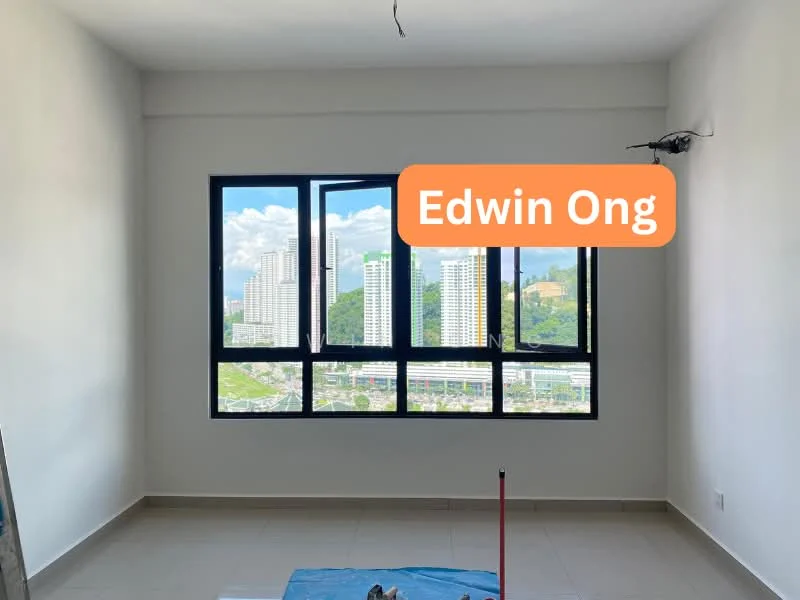 Room features: white painted walls, floor-to-ceiling windows, city view, light-colored tile flooring, unfurnished space, no visible ceiling fixtures; style: modern; view: city.