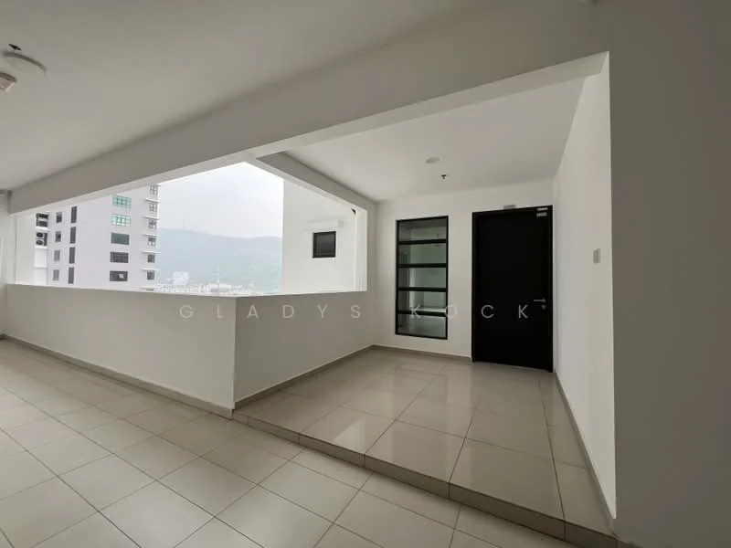 Room features: white painted walls, tile flooring, large windows, glass door, open layout, corner balcony, ceiling lights, neutral color scheme; style: modern; view: city.