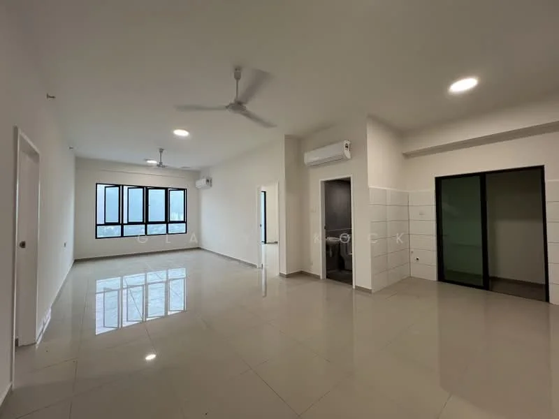 Living features: white painted walls, glossy ceramic tile flooring, 5-blade ceiling fan, recessed downlights, floor-to-ceiling windows, sliding glass door, air conditioning unit, built-in wardrobe with glass doors; style: modern; view: city. Room features: white painted walls, glossy ceramic tile flooring, door to bathroom, door to built-in wardrobe.