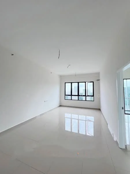 Room features: white painted walls, glossy tile flooring, floor-to-ceiling windows, multiple window panes, natural light, no visible furniture, unfurnished space, ceiling with exposed wiring; style: modern; view: city.