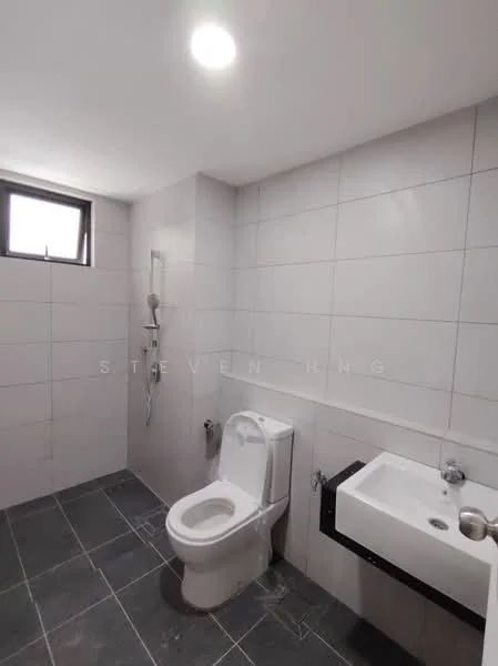 Bathroom features: white tiled walls, grey tiled flooring, one-piece toilet, wall-mounted shower with handheld attachment, small wall-mounted sink, chrome faucet, window for natural light, recessed ceiling light; style: modern.