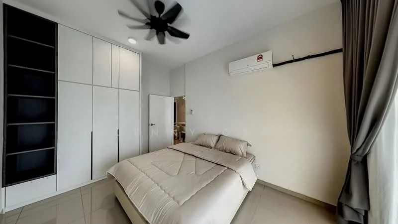 Bedroom features: king-size bed with beige bedding, built-in wardrobe with white doors, wall-mounted air conditioning unit, ceiling fan, large window with sheer curtains, cream painted walls, tile flooring, recessed lighting; style: modern.