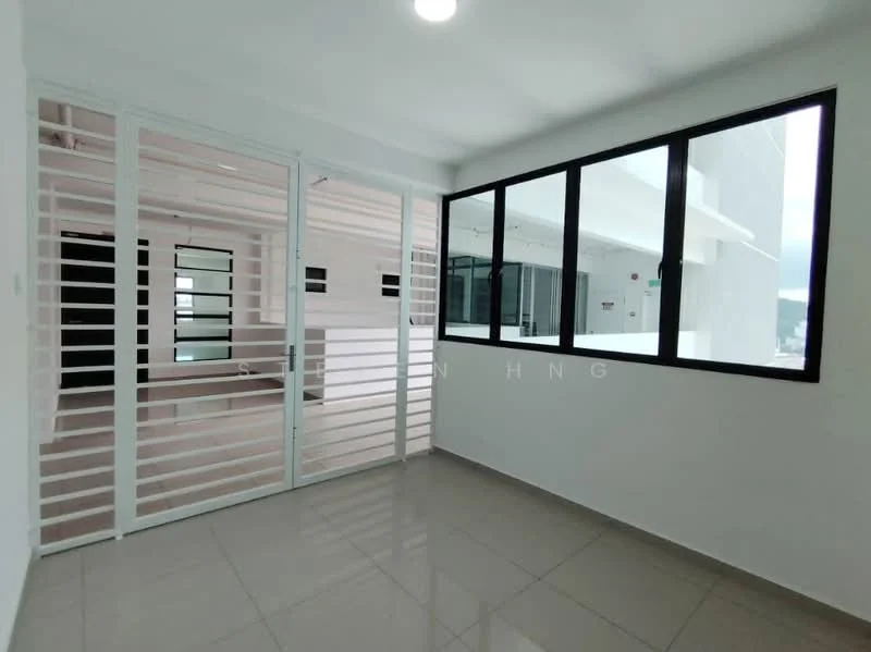 Room features: white painted walls, grey tiled flooring, large windows, sliding glass door, metal grille partition, ceiling light fixture; style: modern; view: city.
