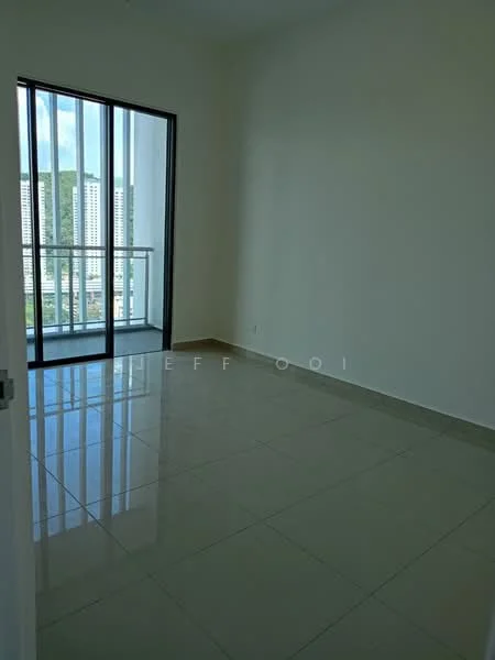 Room features: white painted walls, glossy tile flooring, floor-to-ceiling windows, sliding glass door, balcony access, city view, natural light, neutral color scheme; style: modern; view: city.