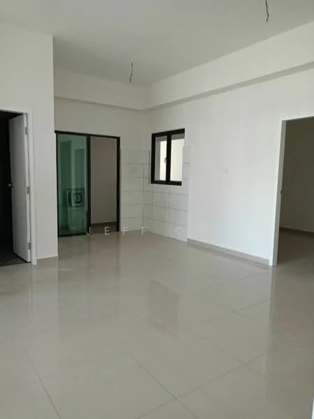 Room features: white painted walls, glossy ceramic tile flooring, two windows, doorway leading to another room, doorway leading to a bathroom, ceiling with exposed wiring, neutral color scheme; style: modern.