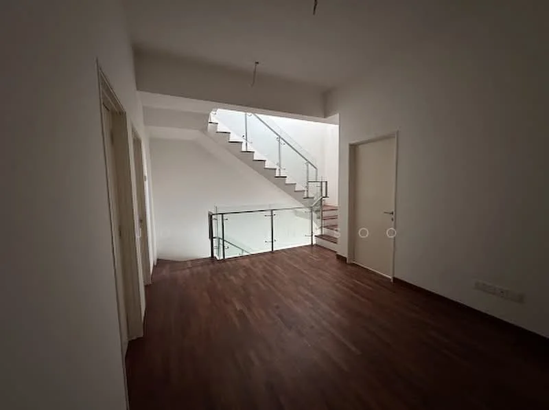 Room features: wooden flooring, white painted walls, staircase with glass railing, doorway leading to another room, natural light from windows, high ceiling, open layout; style: modern.