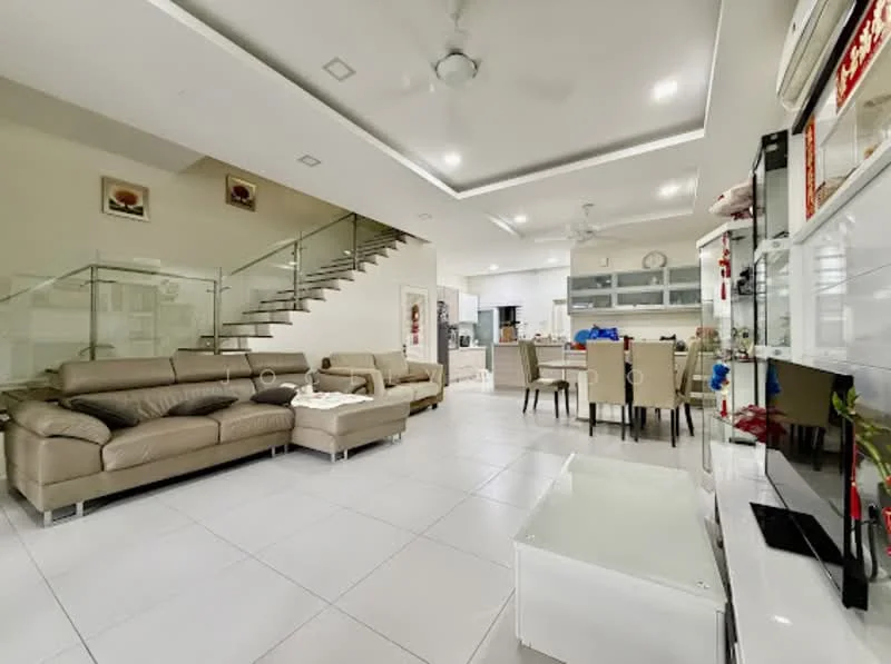 Living features: cream leather sectional sofa, 2-seater cream leather sofa, white coffee table, wall-mounted TV, TV console, recessed ceiling lights, ceiling fan, white tiled flooring, glass railing staircase, dining table with chairs, decorative wall art; style: modern.
