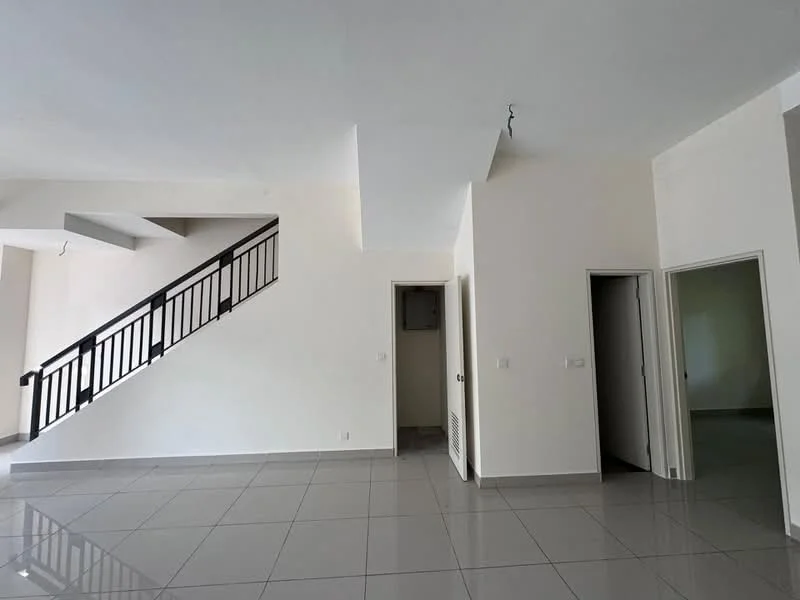 Room features: white painted walls, grey tiled flooring, staircase with black railing, doorway leading to another room, doorway leading to utility area, high ceiling, recessed lighting; style: modern.