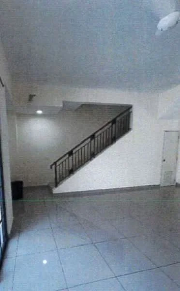 Room features: white painted walls, grey tiled flooring, staircase with metal railing, recessed downlights, ceiling fan, door leading to another room, large windows for natural light; style: modern.