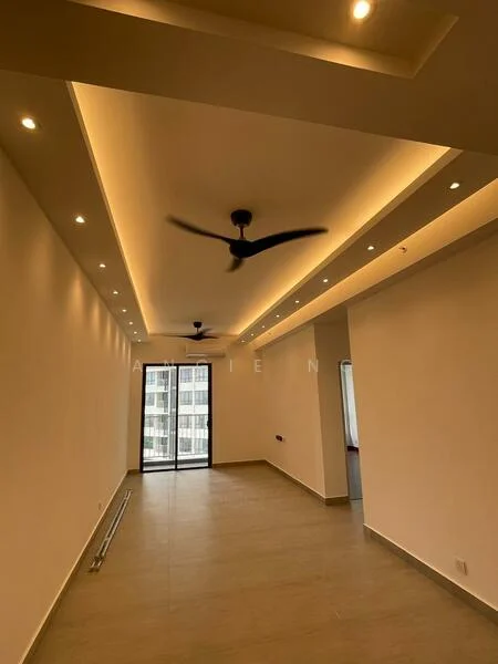 Living features: white painted walls, recessed ceiling with LED strip lighting, 5-blade ceiling fan, floor-to-ceiling sliding glass door, large windows, tile flooring, neutral color scheme, open layout; style: modern; view: city.