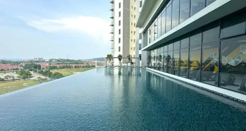Exterior type: high-rise condominium; features: infinity pool, pool deck with loungers, glass curtain wall, surrounded by greenery, city skyline view, landscaped terrace; style: modern.