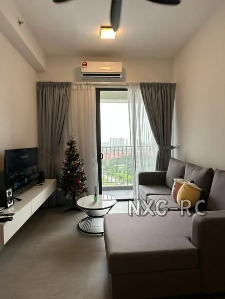 Living features: 3-seater fabric sofa in grey, coffee table with round glass top, wall-mounted TV, TV console, floor-to-ceiling windows, curtains in light grey, air conditioning unit, decorative Christmas tree, area rug, ceiling fan with light; style: modern; view: city.