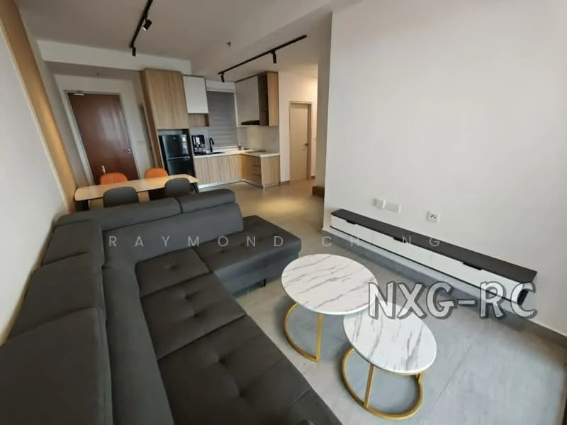 Living features: L-shape sectional sofa in grey, 2 marble-top coffee tables with gold legs, wall-mounted TV console, open shelving, floor-to-ceiling windows, recessed downlights, dining table with 4 chairs, kitchen island with bar seating, light grey tile flooring, white painted walls, air conditioning unit; style: modern. Kitchen features: stainless-steel fridge, built-in oven, freestanding range oven, white cabinetry, grey backsplash, kitchen island, double-bowl stainless-steel sink, chrome pull-down faucet, 4-burner gas hob, recessed downlights; style: modern.