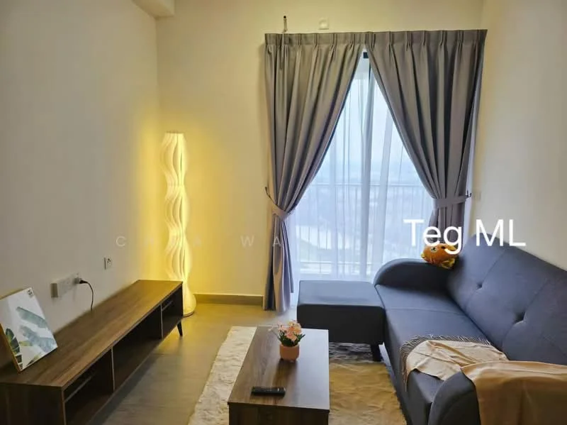 Living features: grey fabric sectional sofa, wooden coffee table, floor lamp with wavy design, light grey curtains, large window with city view, decorative plant in ceramic pot, area rug, wall-mounted TV console; style: modern; view: city.