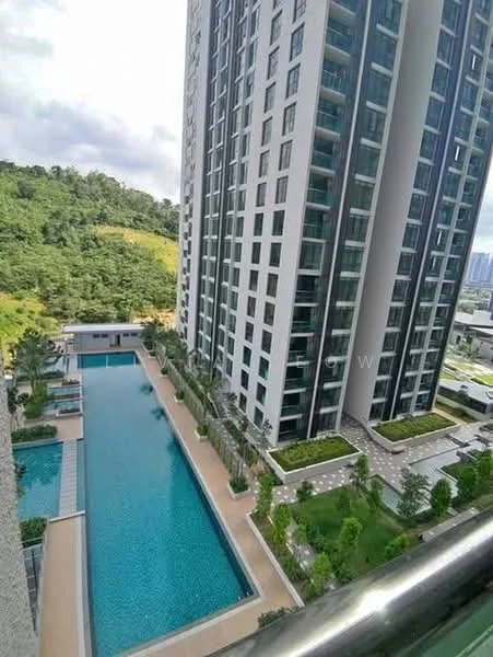 Exterior type: high-rise condominium; features: glass curtain wall facade, approximately 20-storey high-rise, infinity pool, pool deck with loungers, landscaped garden area, manicured lawn, surrounded by greenery, outdoor amenities, balconies on upper floors, modern architectural design; style: modern.