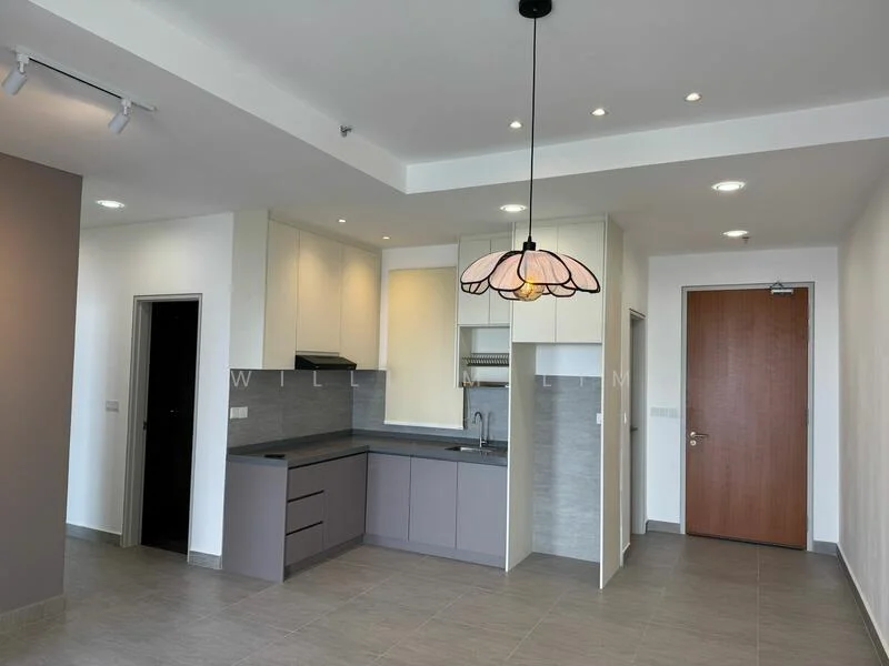 Kitchen features: grey cabinetry, white upper cabinets, black countertop, stainless-steel sink, chrome pull-down faucet, built-in oven, 4-burner gas hob, pendant light, recessed downlights, tile flooring, grey tile backsplash; style: modern. Room features: open layout, light-colored walls, door to hallway, large windows, neutral flooring.