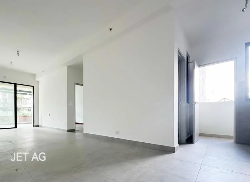 Room features: white painted walls, grey tile flooring, floor-to-ceiling windows, door leading to balcony, recessed downlights, open layout, corner window, neutral color scheme; style: modern.