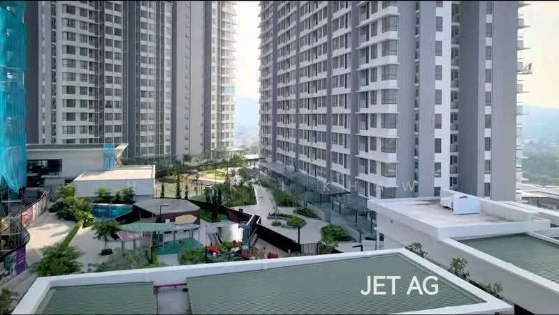 Exterior type: high-rise condominium; features: multiple high-rise buildings, landscaped garden area, children's playground, swimming pool, pool deck with loungers, manicured lawns, walking paths, outdoor seating areas, sculptural art installation, surrounding greenery; style: modern.