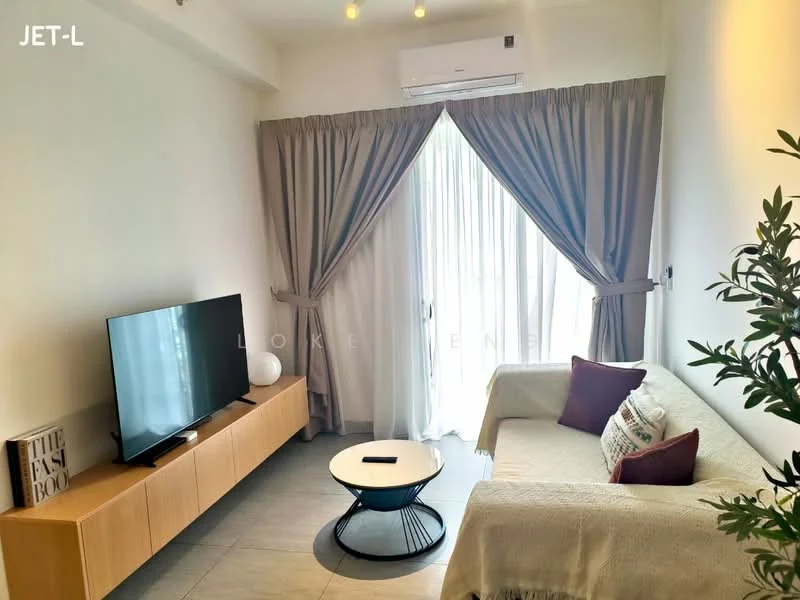 Living features: light grey sofa, coffee table with black top, wooden TV console, wall-mounted TV, floor-to-ceiling windows, sheer curtains, recessed downlights, air conditioning unit, decorative plant, decorative throw pillows; style: modern.