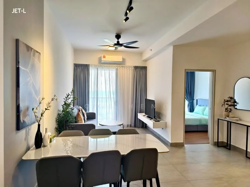 Living features: 5-blade ceiling fan with light, wall-mounted TV, TV console, sofa with cushions, coffee table, dining table with 6 chairs, floor-to-ceiling windows, curtains, decorative plant, area rug, light-colored walls, tile flooring, recessed downlights; style: modern; view: city. Room features: doorway leading to another room, light-colored walls, wooden flooring.