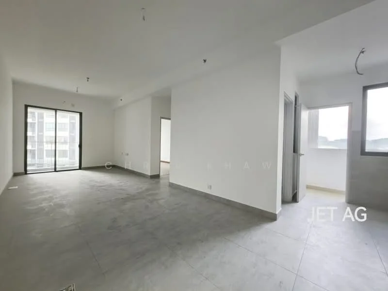 Room features: white painted walls, grey tiled flooring, floor-to-ceiling windows, sliding glass door, natural light from windows, open layout, no visible furniture, unfinished ceiling with exposed wiring; style: modern; view: city.
